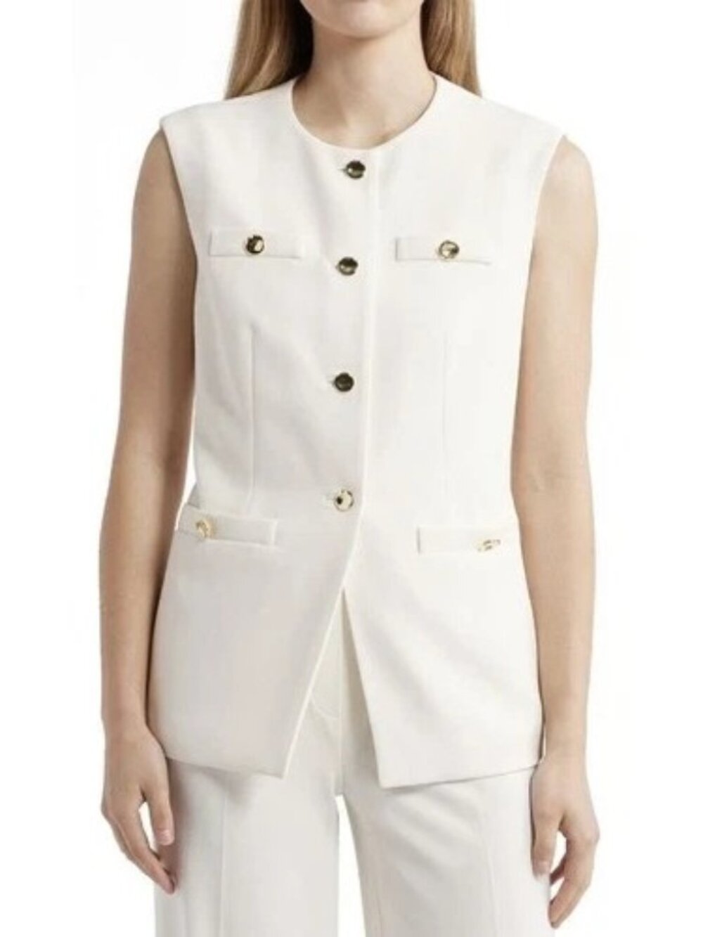 Anne Klein *Minor Error* Stretch Crepe Button Tailored Vest Ivory Size 16 $129